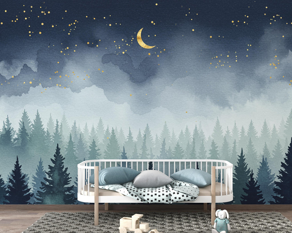 Dreamy Night Forest Wallpaper Mural – Watercolor Evergreen Trees, Crescent Moon & Stars, Misty Blue Woodland Wall Art for Nursery Room 194DE