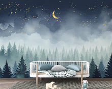 Load image into Gallery viewer, Dreamy Night Forest Wallpaper Mural – Watercolor Evergreen Trees, Crescent Moon &amp; Stars, Misty Blue Woodland Wall Art for Nursery Room 194DE