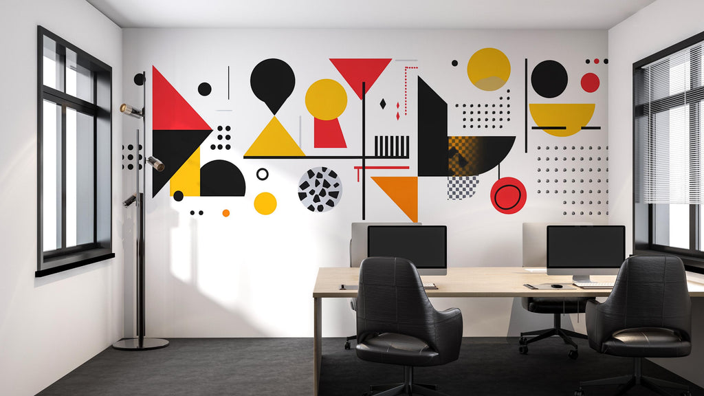 Modern Geometric Wall Decal • Abstract Shapes Office Wall Art • Large Peel and Stick Mural • Minimalist Red Yellow Black Sticker