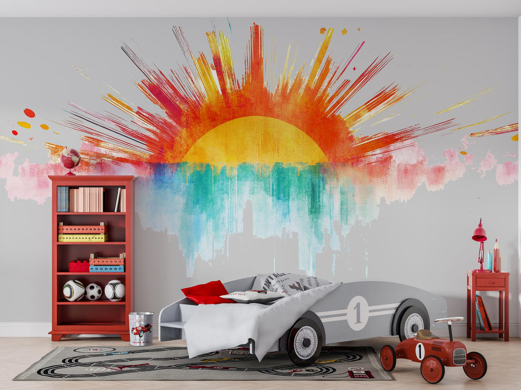 Sunrise Wall Decal Watercolor Sunburst Sticker • Kids Room Wall Art • Colorful Sunshine Mural • Peel and Stick Vinyl • Nursery Wall Decor