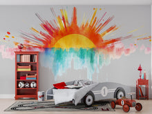 Load image into Gallery viewer, Sunrise Wall Decal Watercolor Sunburst Sticker • Kids Room Wall Art • Colorful Sunshine Mural • Peel and Stick Vinyl • Nursery Wall Decor