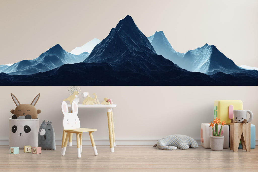 Modern Mountain Wall Decal for Office or Home | Blue Landscape Wall Sticker | Large Scenic Mural | Removable Peel and Stick Wall Art