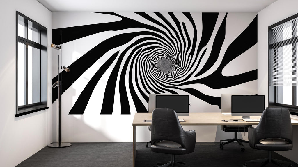 Hypnotic Swirl Wall Decal, Black And White Spiral Office Wall Art, Modern Large Abstract Sticker, Optical Illusion Mural For Workspace Decor