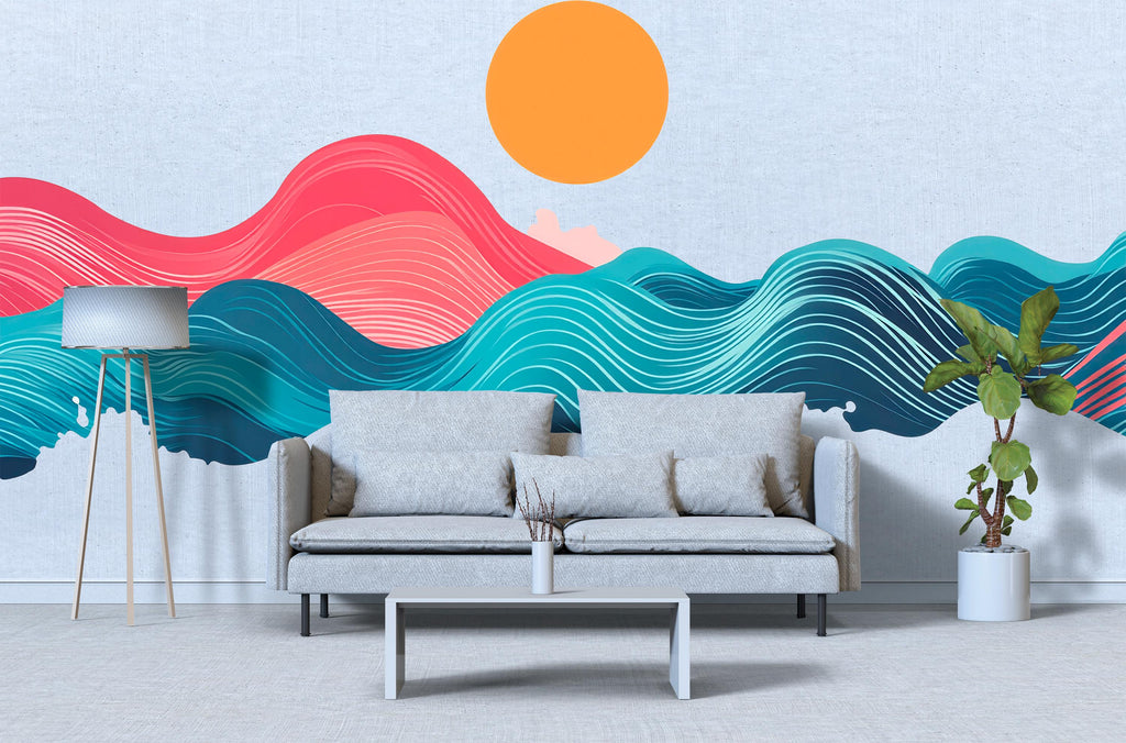 Sunset Ocean Wave Wall Decal – Large Vinyl Peel & Stick Wave Mural, Modern Colorful Sea Wall Sticker for Bedroom, Living Room, Nursery