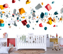 Load image into Gallery viewer, Colorful 3D Floating Shapes Wall Decal for Nursery | Modern Kids Room Decor | Removable Playroom Sticker | Abstract Baby Room Mural