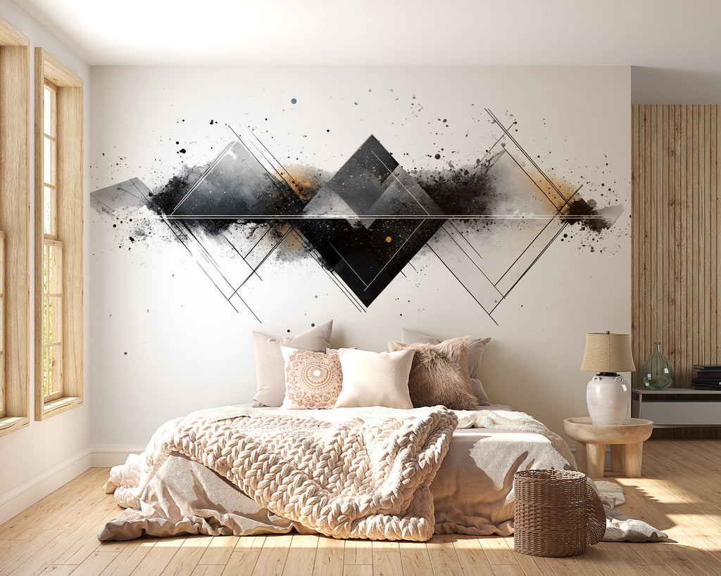 Geometric Abstract Wall Decal | Modern Diamond Shape Wall Sticker | Neutral Minimalist Mural for Living Room, Bedroom, Office Decor