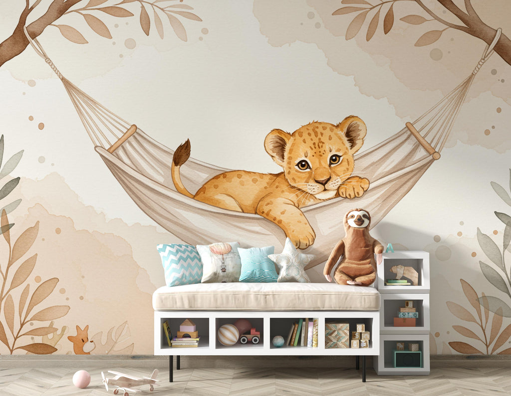 Baby Lion Nursery Wall Art, Watercolor Jungle Animal Print, Cute Lion Cub Illustration, Neutral Safari Nursery Decor, Kids Room Art 195DE