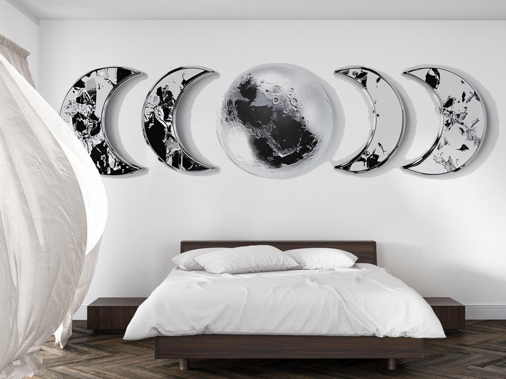 Black Marble Moon Phase Wall Decal • Lunar Cycle Sticker • Modern Moon Mural for Bedroom • Aesthetic Wall Art • Space & Boho Home Decor