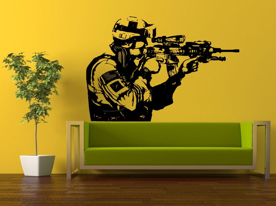 Wall Decal Vinyl Sticker Decals Peal And Stick Cheap Decor Art American Army Navy Marine Military Soldier Swat Team With Gun Rifle L390
