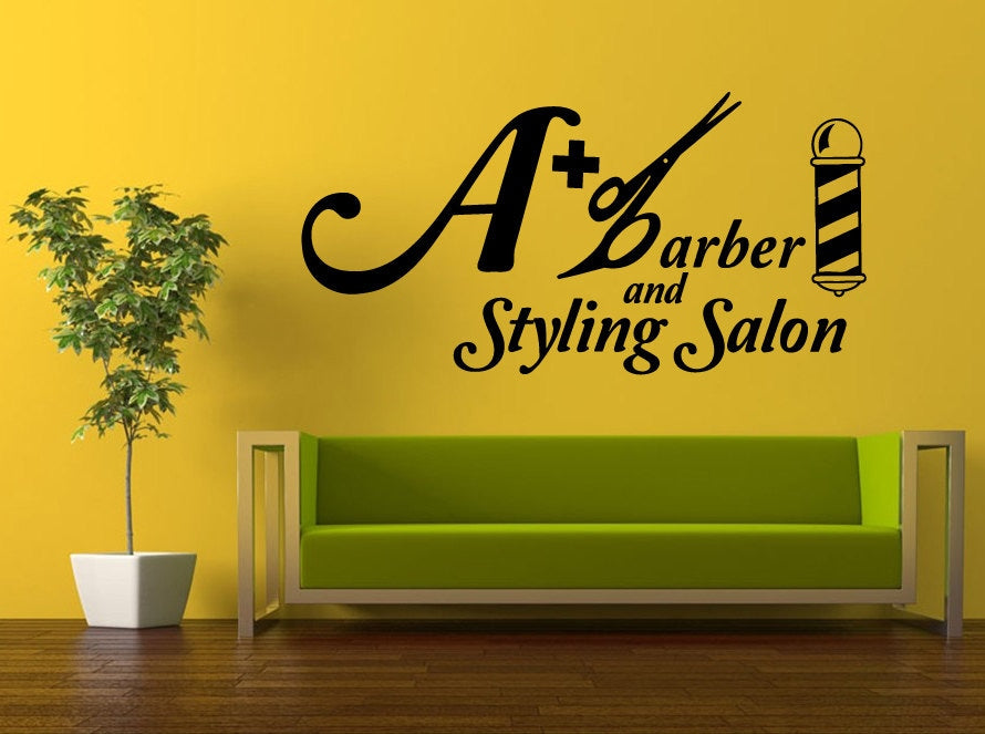 Wall Decal Vinyl Sticker Decals Peal And Stick Cheap Decor Art Hair Beauty Barbershop Logo Sign Emblem A Plus Barber And Styling Salon L396