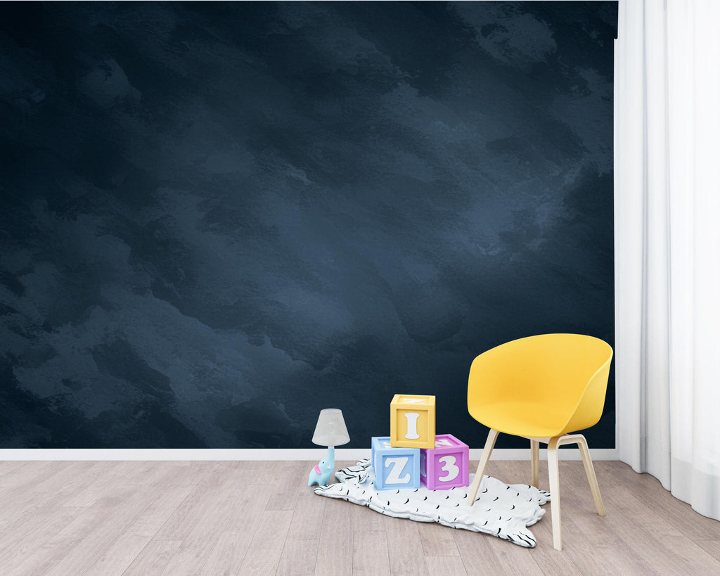 Midnight Navy Limewash Wallpaper Mural – Dark Blue Textured Wall, Slate & Ink Blue Cloudy Gradient, Modern Moody Interior Wall Art 188DE
