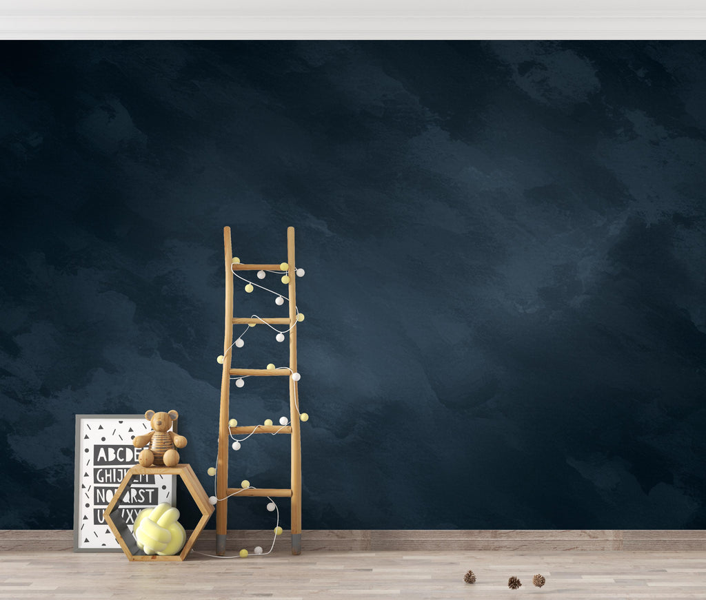 Midnight Navy Limewash Wallpaper Mural – Dark Blue Textured Wall, Slate & Ink Blue Cloudy Gradient, Modern Moody Interior Wall Art 188DE