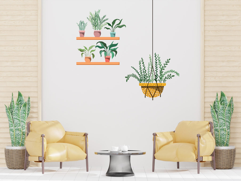 Hanging Plants in Pots wall vinyl sticker decal, Plants wall decoration, Flower plant wall decal, Living Room decor, Mural decoration 708LU