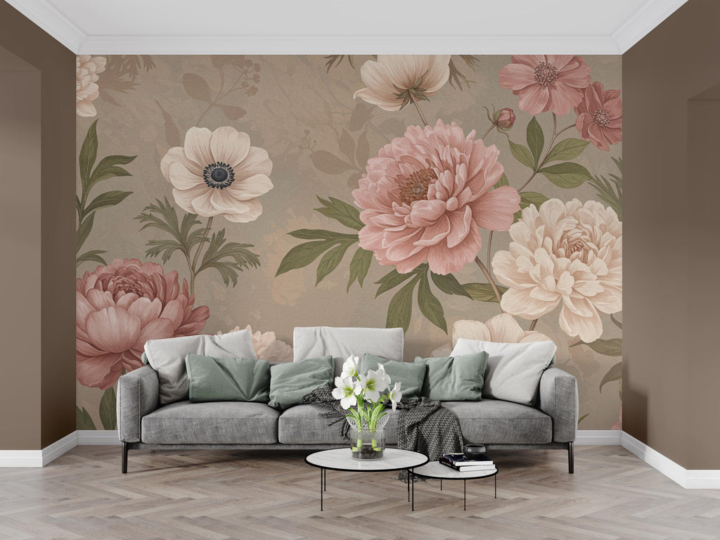 Oversized Floral Wallpaper Mural, Botanical Garden Wall Art, Peony and Anemone Flowers, Dusty Pink Neutral Floral Decor, Hand Painted 197DE