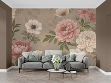 Load image into Gallery viewer, Oversized Floral Wallpaper Mural, Botanical Garden Wall Art, Peony and Anemone Flowers, Dusty Pink Neutral Floral Decor, Hand Painted 197DE