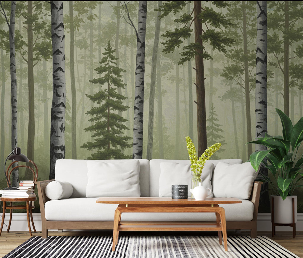 Misty Forest Wallpaper Mural, Birch and Pine Tree Wall Art, Neutral Green Woodland Decor, Scandinavian Nature Mural, Hand Painted 198DE