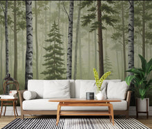 Load image into Gallery viewer, Misty Forest Wallpaper Mural, Birch and Pine Tree Wall Art, Neutral Green Woodland Decor, Scandinavian Nature Mural, Hand Painted 198DE