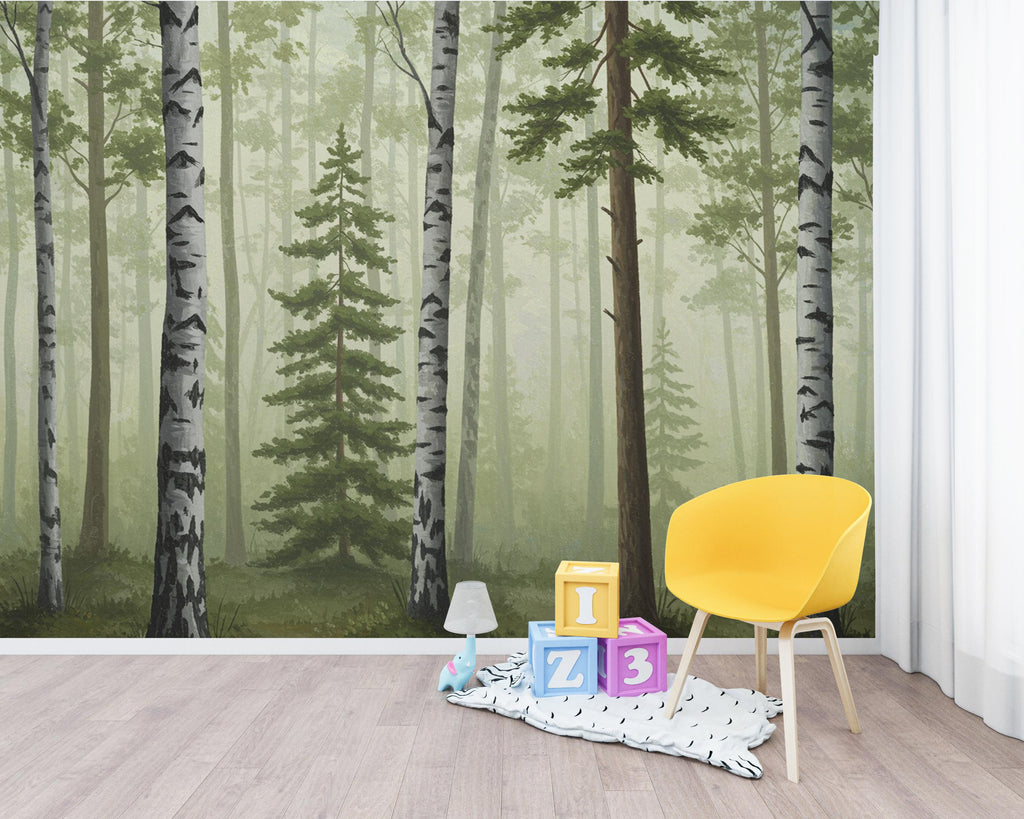 Misty Forest Wallpaper Mural, Birch and Pine Tree Wall Art, Neutral Green Woodland Decor, Scandinavian Nature Mural, Hand Painted 198DE