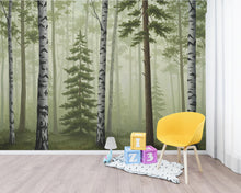Load image into Gallery viewer, Misty Forest Wallpaper Mural, Birch and Pine Tree Wall Art, Neutral Green Woodland Decor, Scandinavian Nature Mural, Hand Painted 198DE