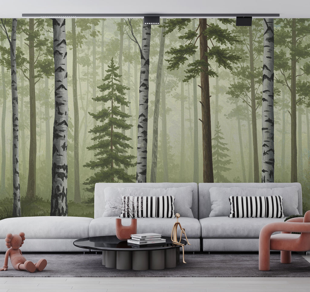 Misty Forest Wallpaper Mural, Birch and Pine Tree Wall Art, Neutral Green Woodland Decor, Scandinavian Nature Mural, Hand Painted 198DE