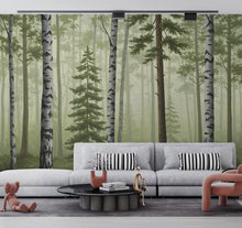 Load image into Gallery viewer, Misty Forest Wallpaper Mural, Birch and Pine Tree Wall Art, Neutral Green Woodland Decor, Scandinavian Nature Mural, Hand Painted 198DE