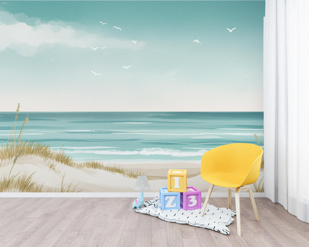 Coastal Wallpaper Mural, Minimalist Ocean Landscape Wall Art, Neutral Beach Decor in Soft Turquoise Beige, Seascape Mural 199DE