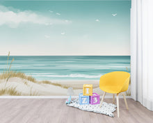 Load image into Gallery viewer, Coastal Wallpaper Mural, Minimalist Ocean Landscape Wall Art, Neutral Beach Decor in Soft Turquoise Beige, Seascape Mural 199DE