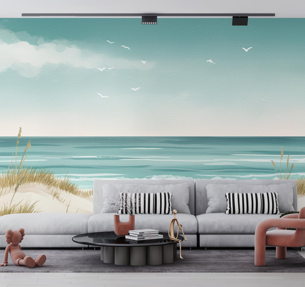 Coastal Wallpaper Mural, Minimalist Ocean Landscape Wall Art, Neutral Beach Decor in Soft Turquoise Beige, Seascape Mural 199DE