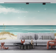 Load image into Gallery viewer, Coastal Wallpaper Mural, Minimalist Ocean Landscape Wall Art, Neutral Beach Decor in Soft Turquoise Beige, Seascape Mural 199DE
