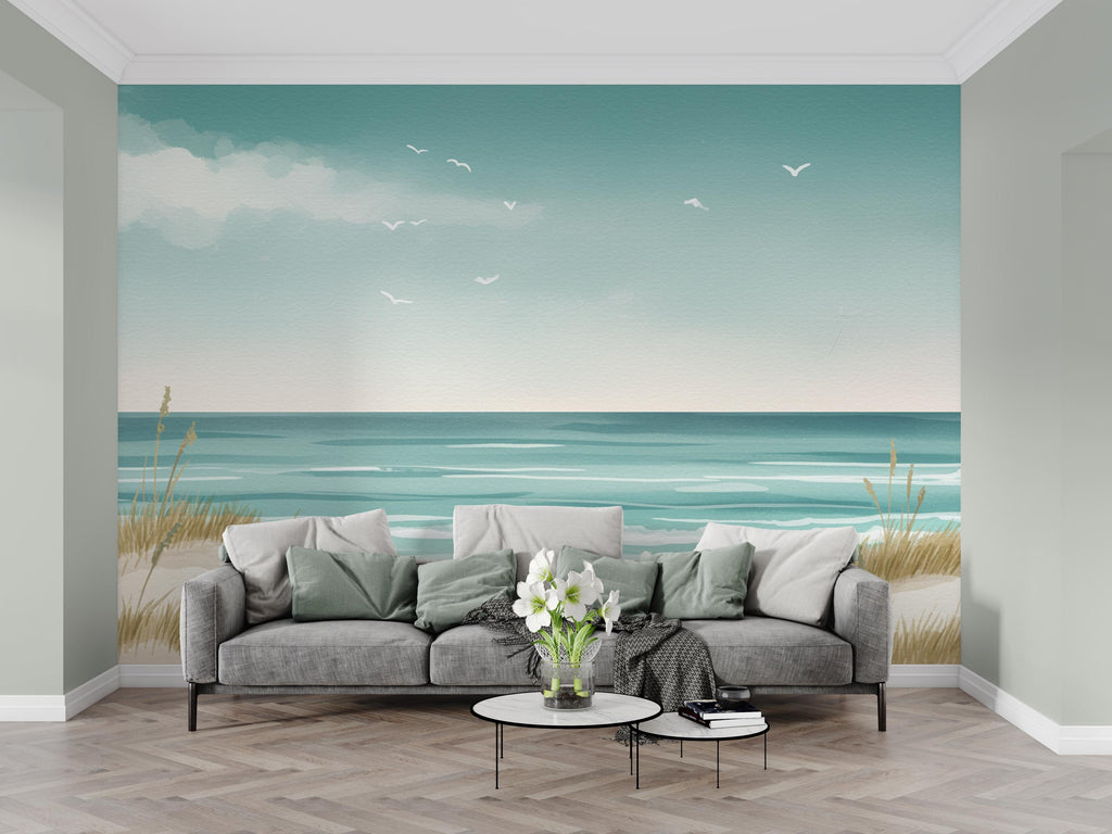Coastal Wallpaper Mural, Minimalist Ocean Landscape Wall Art, Neutral Beach Decor in Soft Turquoise Beige, Seascape Mural 199DE