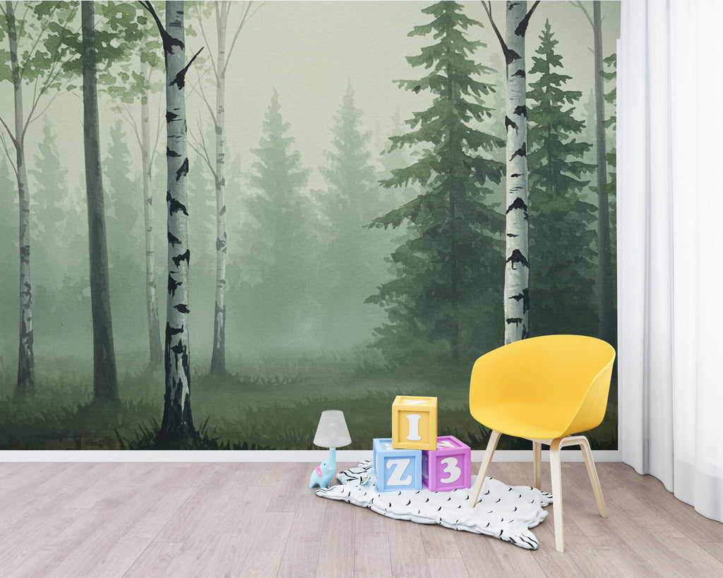 Misty Forest Wallpaper Mural, Watercolor Birch and Spruce Trees, Neutral Green Woodland Wall Art Scandinavian Nature Decor Calm Forest 200DE