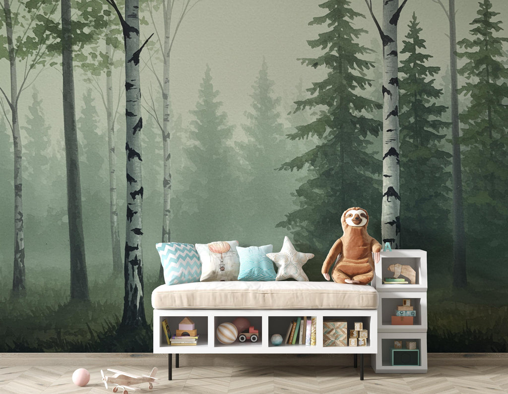Misty Forest Wallpaper Mural, Watercolor Birch and Spruce Trees, Neutral Green Woodland Wall Art Scandinavian Nature Decor Calm Forest 200DE