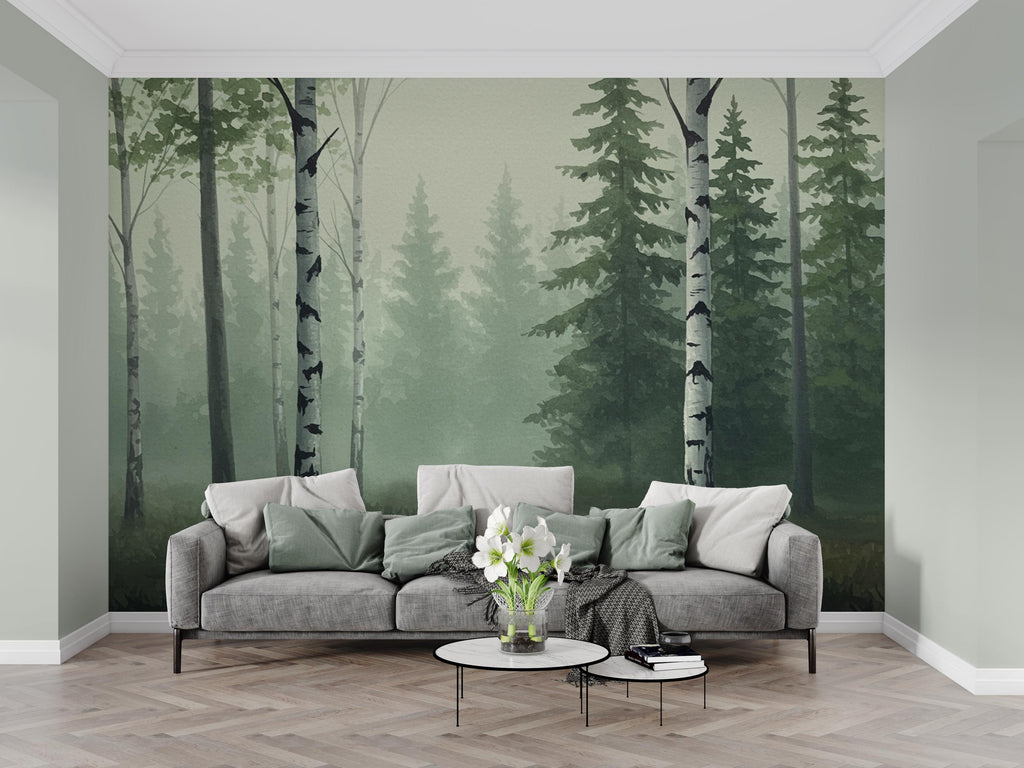 Misty Forest Wallpaper Mural, Watercolor Birch and Spruce Trees, Neutral Green Woodland Wall Art Scandinavian Nature Decor Calm Forest 200DE