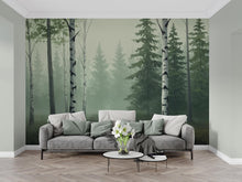 Load image into Gallery viewer, Misty Forest Wallpaper Mural, Watercolor Birch and Spruce Trees, Neutral Green Woodland Wall Art Scandinavian Nature Decor Calm Forest 200DE