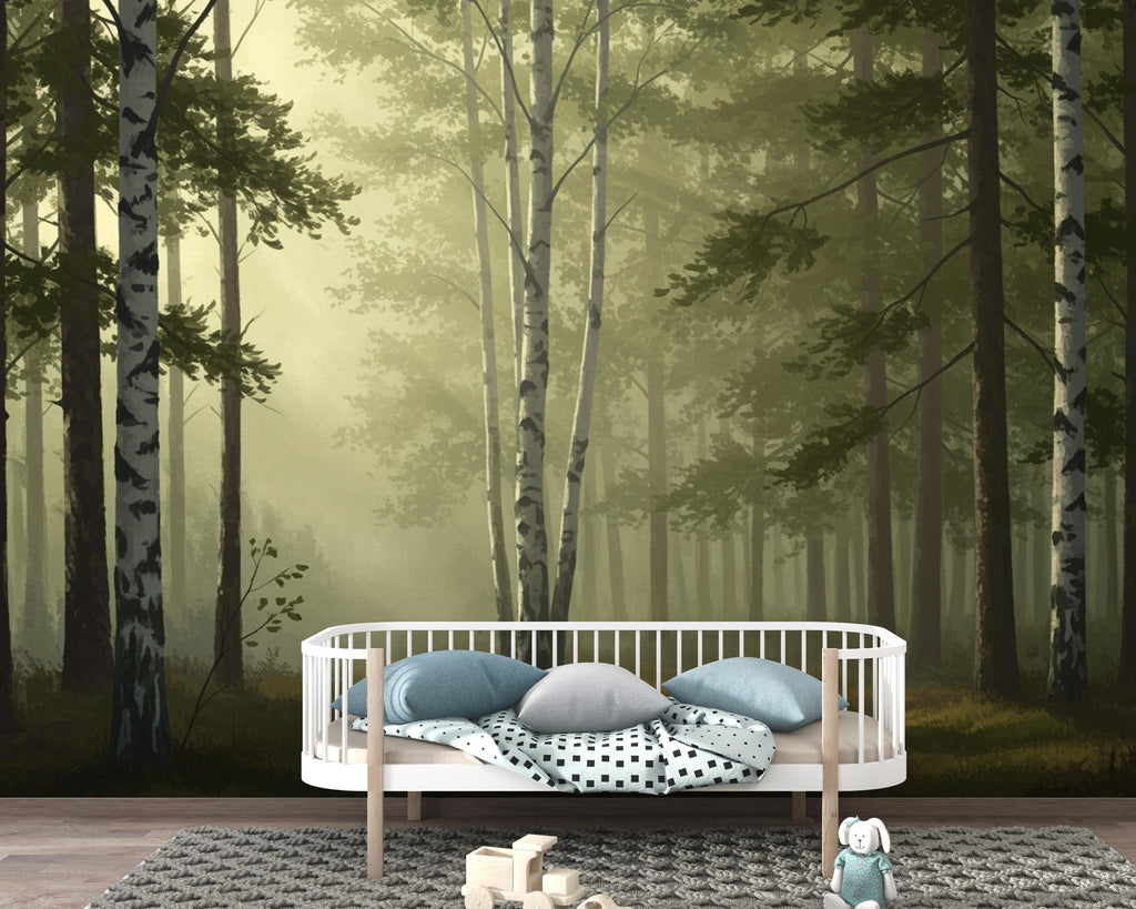Misty Forest Wallpaper Mural, Watercolor Birch and Spruce Trees, Neutral Green Woodland Wall Art Scandinavian Nature Decor Calm Forest 201DE