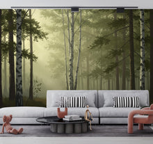 Load image into Gallery viewer, Misty Forest Wallpaper Mural, Watercolor Birch and Spruce Trees, Neutral Green Woodland Wall Art Scandinavian Nature Decor Calm Forest 201DE