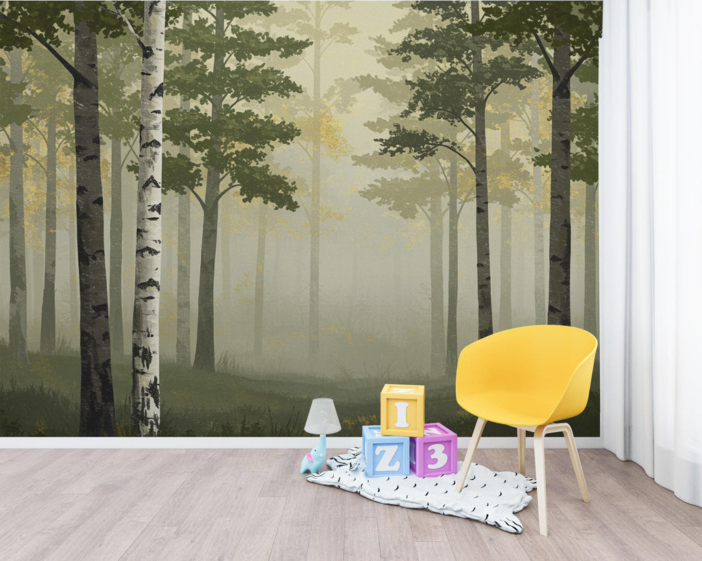 Misty Forest Wallpaper Mural, Watercolor Birch and Spruce Trees, Neutral Green Woodland Wall Art Scandinavian Nature Decor Calm Forest 202DE