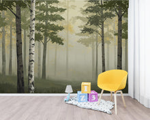Load image into Gallery viewer, Misty Forest Wallpaper Mural, Watercolor Birch and Spruce Trees, Neutral Green Woodland Wall Art Scandinavian Nature Decor Calm Forest 202DE