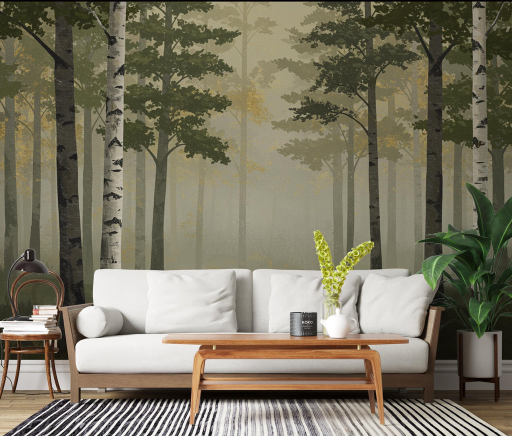Misty Forest Wallpaper Mural, Watercolor Birch and Spruce Trees, Neutral Green Woodland Wall Art Scandinavian Nature Decor Calm Forest 202DE