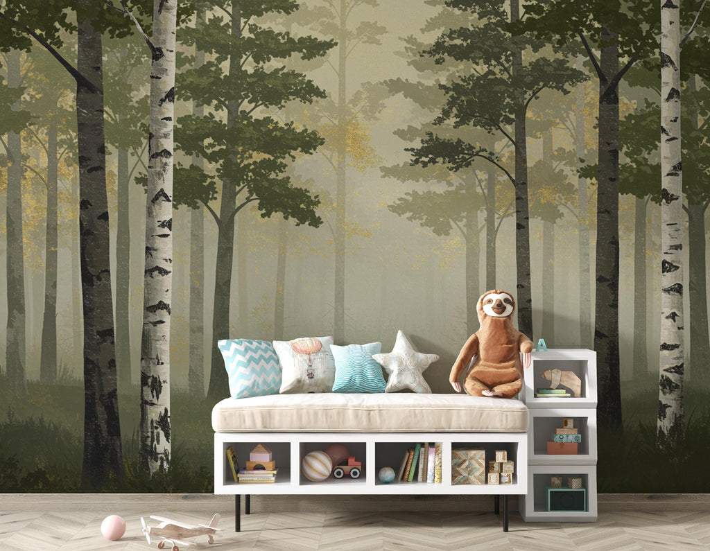 Misty Forest Wallpaper Mural, Watercolor Birch and Spruce Trees, Neutral Green Woodland Wall Art Scandinavian Nature Decor Calm Forest 202DE