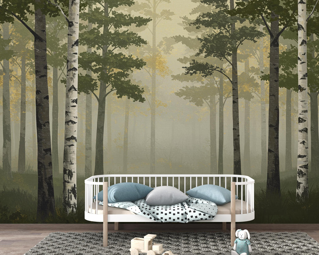 Misty Forest Wallpaper Mural, Watercolor Birch and Spruce Trees, Neutral Green Woodland Wall Art Scandinavian Nature Decor Calm Forest 202DE