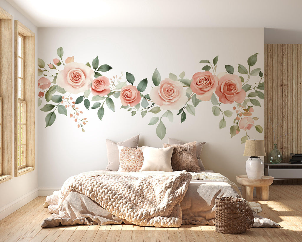 Blush Rose Wall Decal • Large Floral Wall Sticker • Watercolor Flower Mural for Bedroom • Elegant Botanical Peel & Stick Wall Art • Romantic