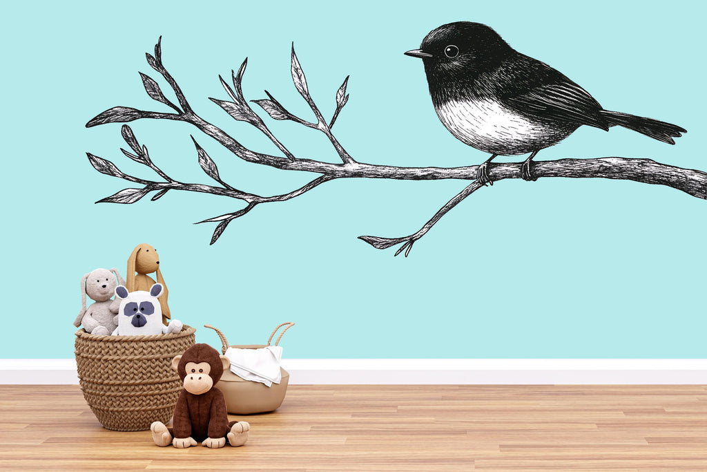 Bird Wall Decal • Black And White Bird On Branch Sticker • Nature Nursery Wall Art • Kids Room Woodland Mural • Large Removable Animal