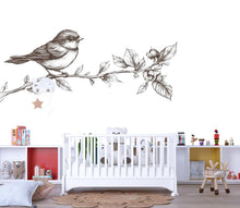 Load image into Gallery viewer, Bird On Branch Wall Decal, Nursery Bird Sticker, Nature Kids Room Decor, Botanical Branch Mural, Vintage Line Art Wall Sticker