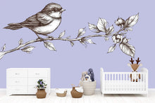 Load image into Gallery viewer, Bird On Branch Wall Decal, Nursery Bird Sticker, Nature Kids Room Decor, Botanical Branch Mural, Vintage Line Art Wall Sticker