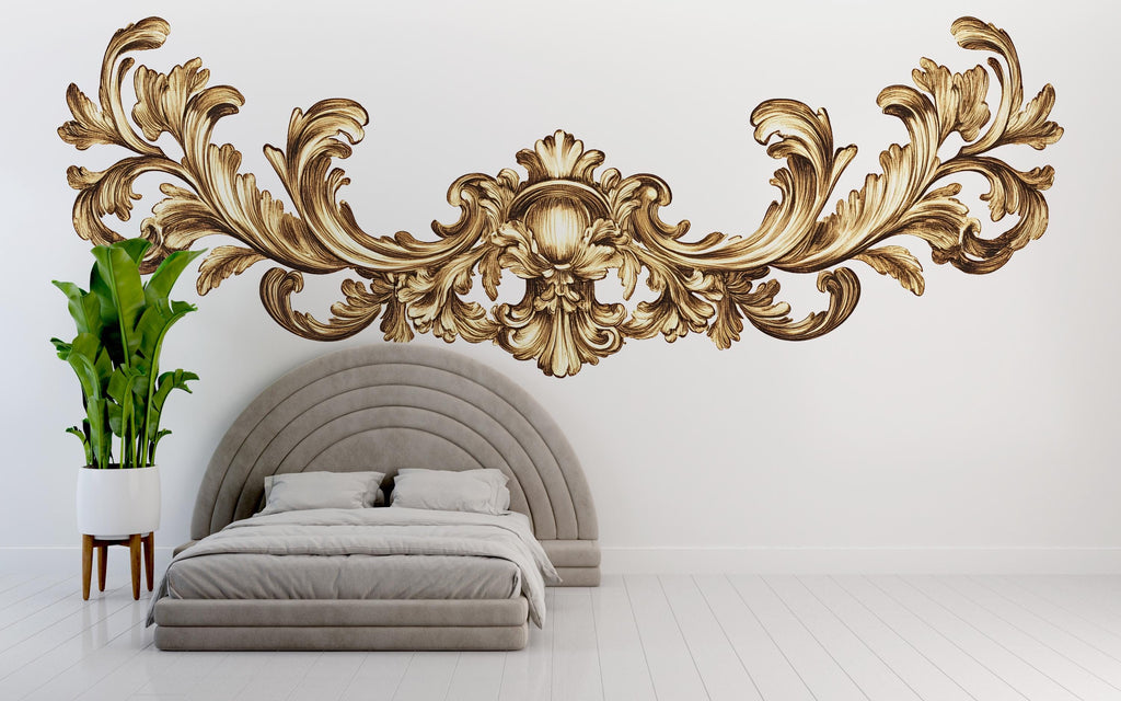 Golden Baroque Wall Decal, Ornamental Wall Sticker, Luxury Decor Mural, Classical Scroll Design, Elegant Bedroom Wall Art Sticker
