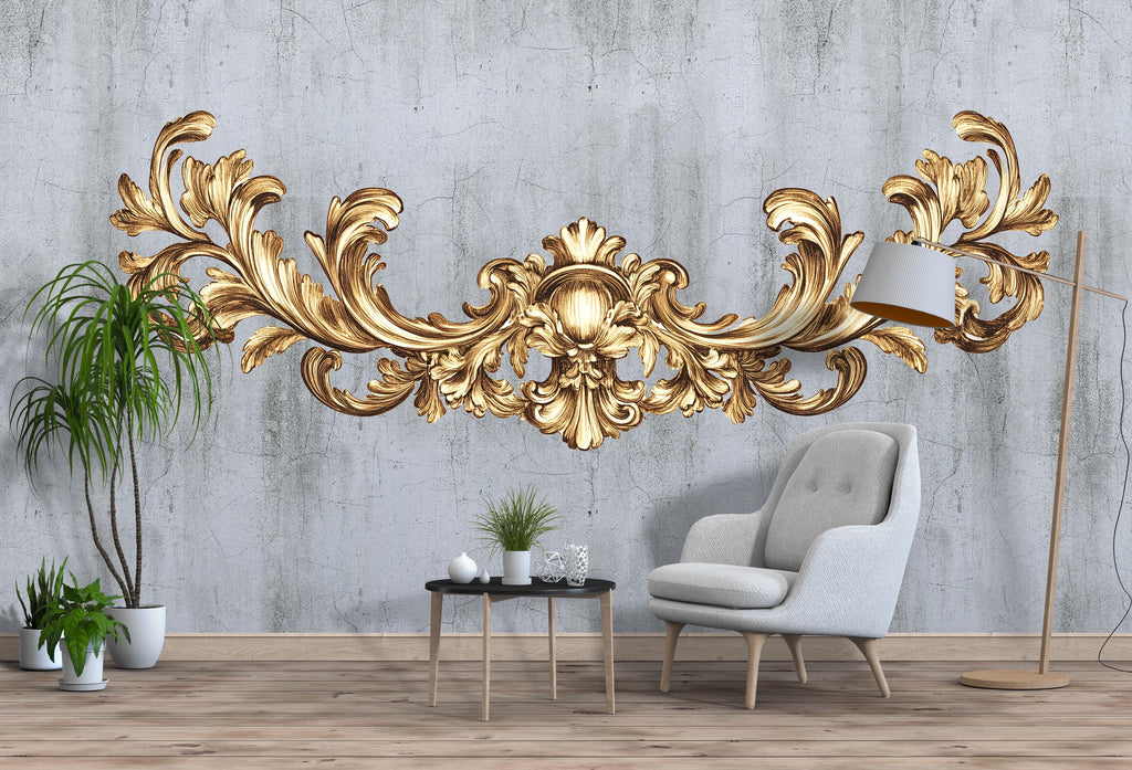 Golden Baroque Wall Decal, Ornamental Wall Sticker, Luxury Decor Mural, Classical Scroll Design, Elegant Bedroom Wall Art Sticker