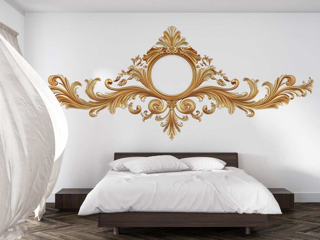 Golden Ornate Mirror Frame Wall Decal, Baroque Wall Sticker, Luxury Scroll Mural, Elegant Bedroom Headboard Decor, Classical Gold Wall Art
