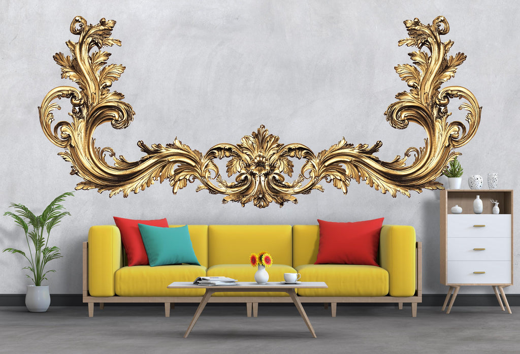 Golden Baroque Wall Decal, Ornate Gold Scroll Sticker, Luxury Wall Mural, Elegant Accent Wall Decor, Classical Home Decor