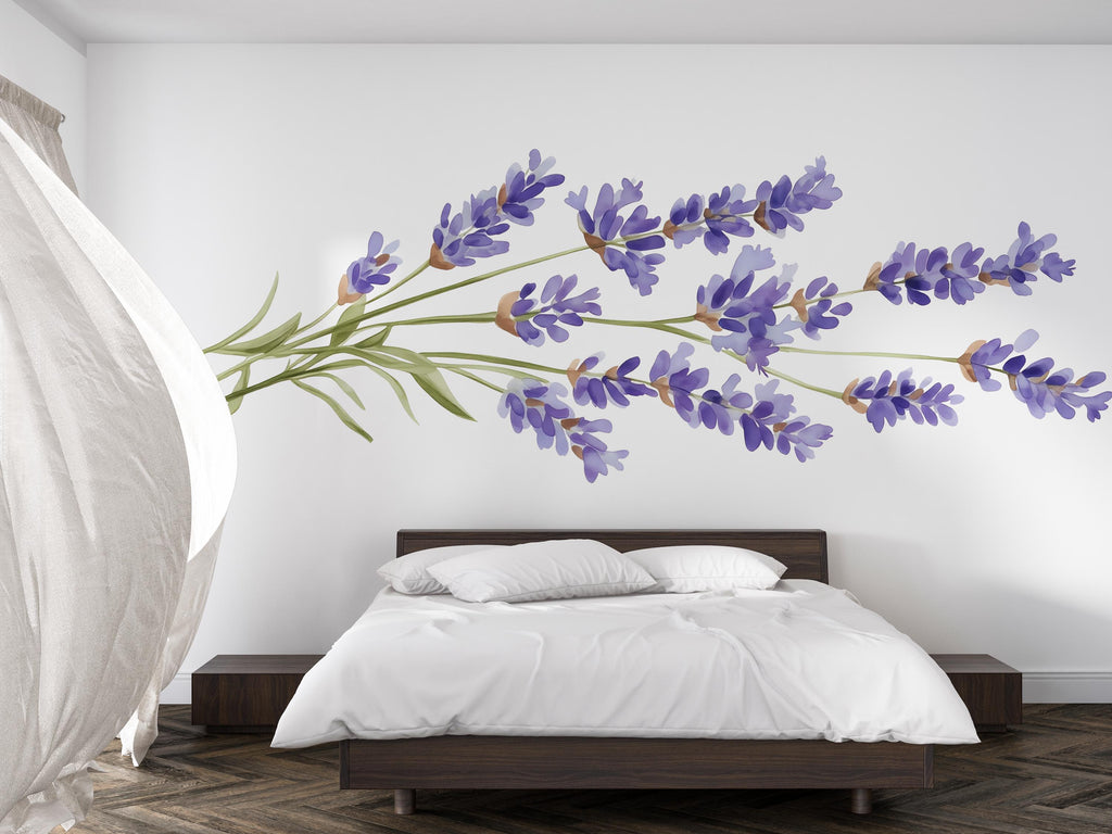 Lavender Wall Decal, Purple Floral Sticker, Botanical Wall Mural, Watercolor Flower Decor, Bedroom Accent Wall Art, Peel and Stick Floral